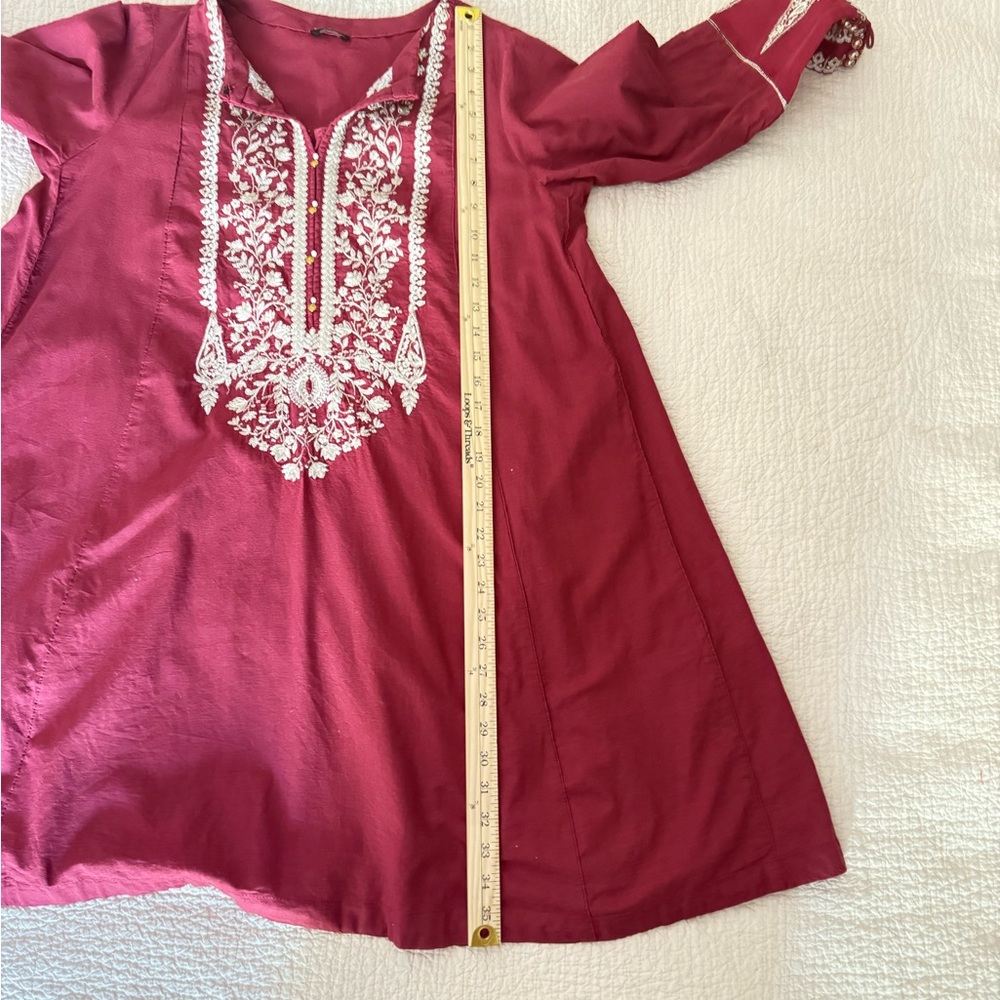 Sapphire Burgundy Cotton Tunic Top Gold Embroidery Long Sleeved‎ Dress - Picture 2 of 13